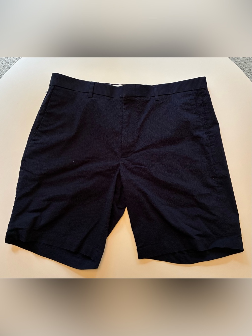 J. Crew Men's Navy Flat-Front Destination Seersucker Shorts. Size 35.